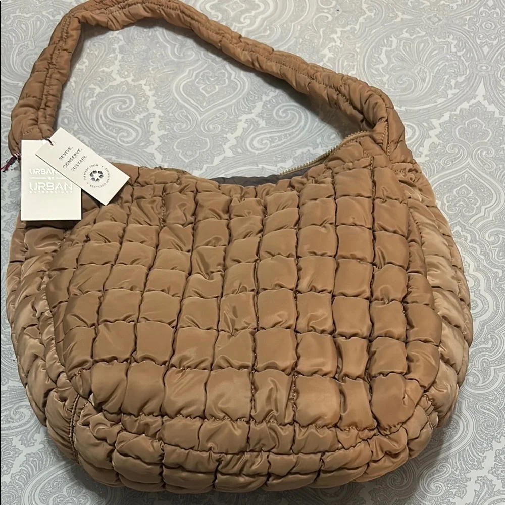 Urban Outfitters Tan Quilted Tote Bag Puffer Hobo Purse Crossbody Natura…